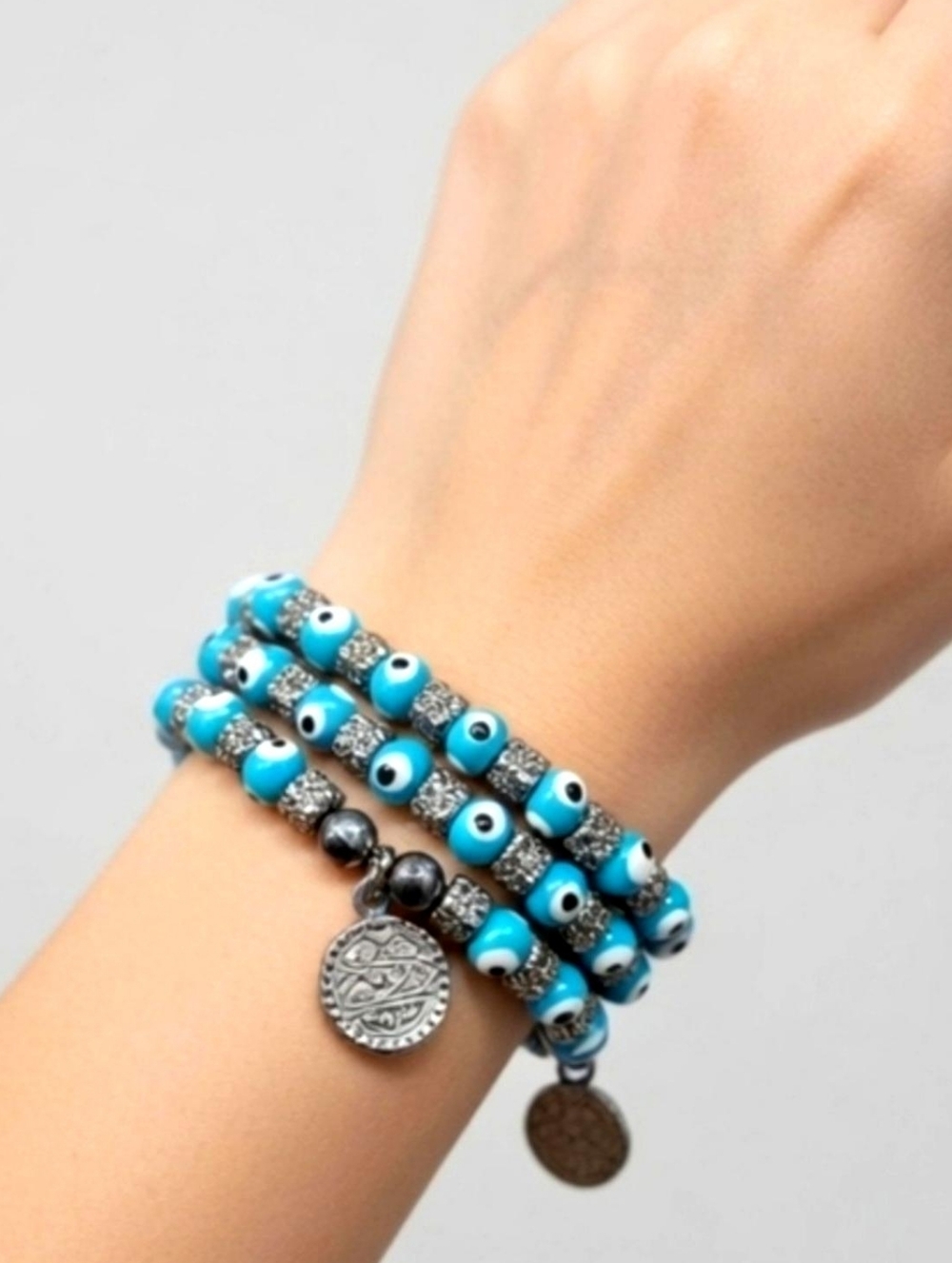 Turquoise Evil Eye Beaded Bracelet Blue Silver Tone Stretch Womens Boho Coastal